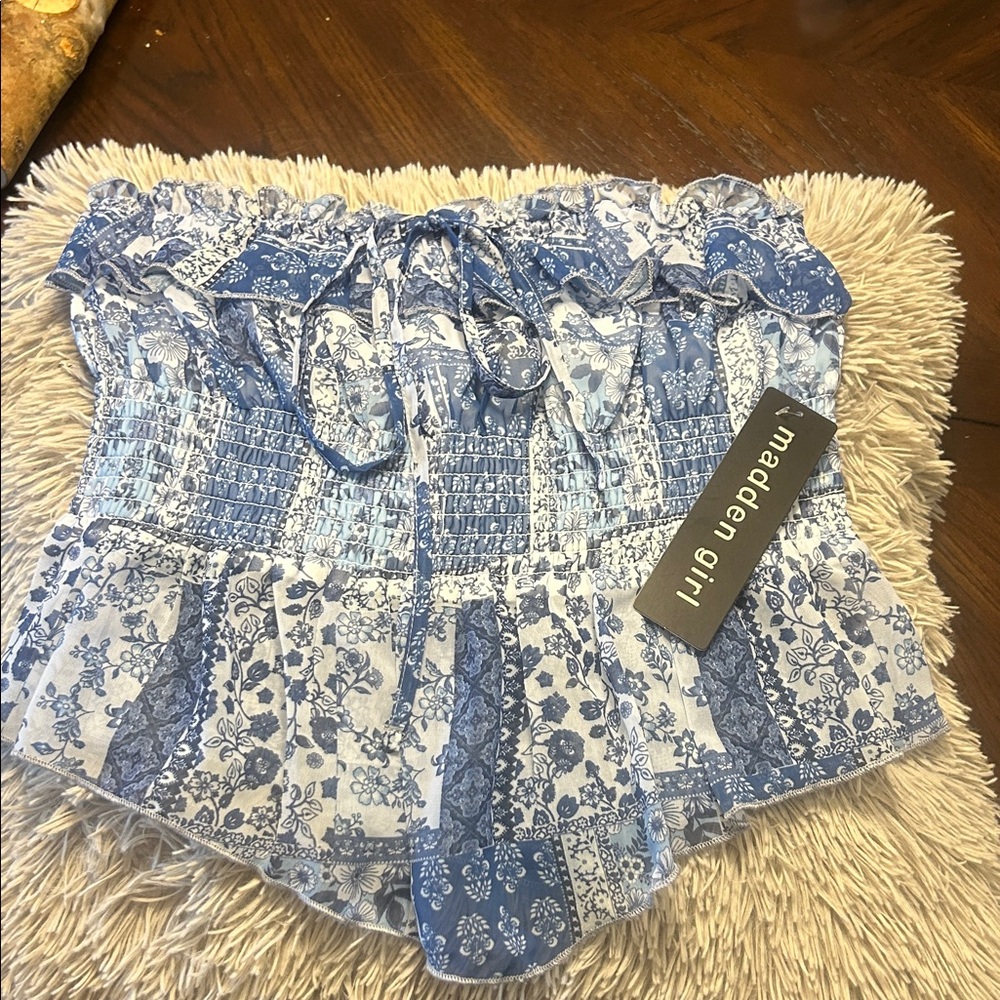 Madden Girl Blue & White Floral tube top with Tie